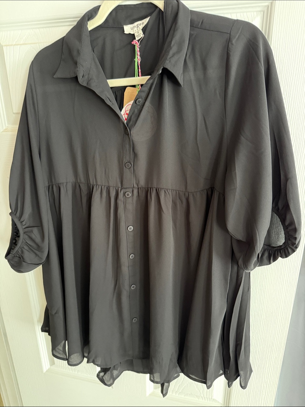 Umgee oversized Black Button-Front Peplum Top Puff Sleeves long tunic nwt sku50